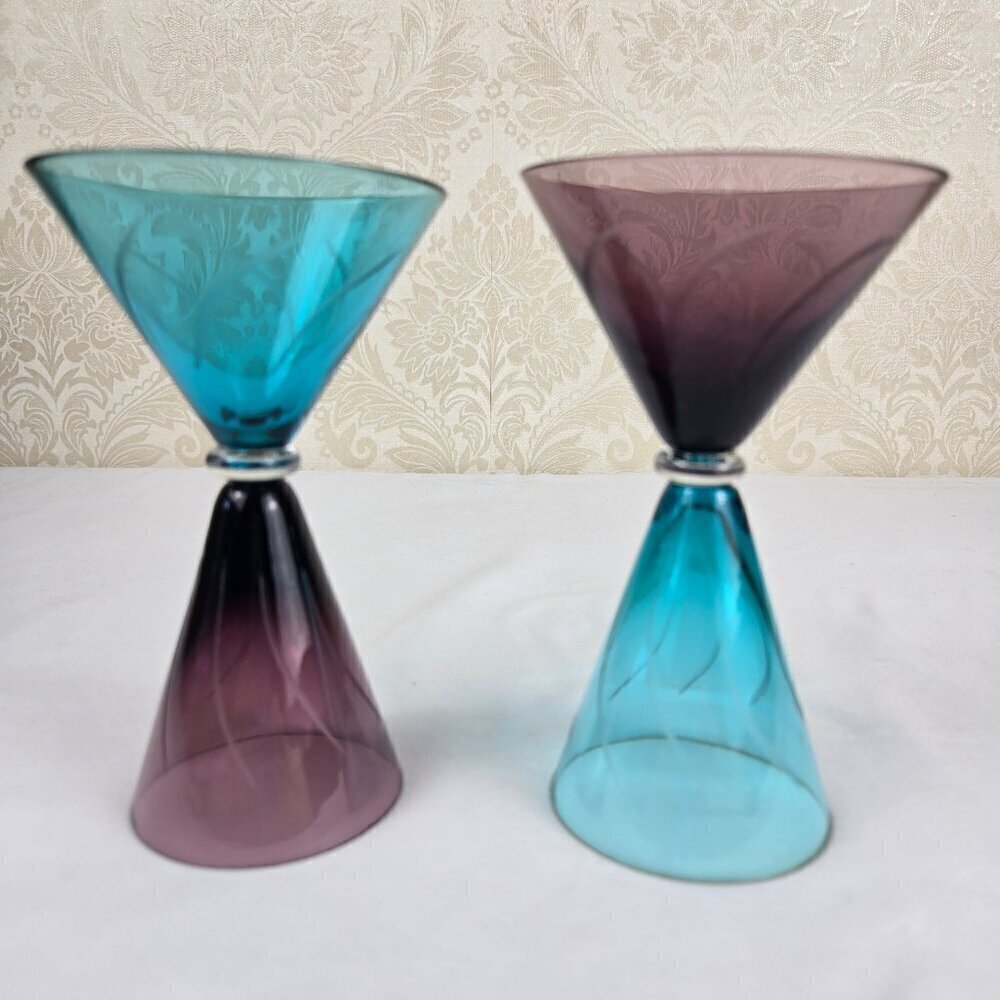 Vintage Pair of Post Modern Turquoise Amethyst Double Sided Cocktail Glasses